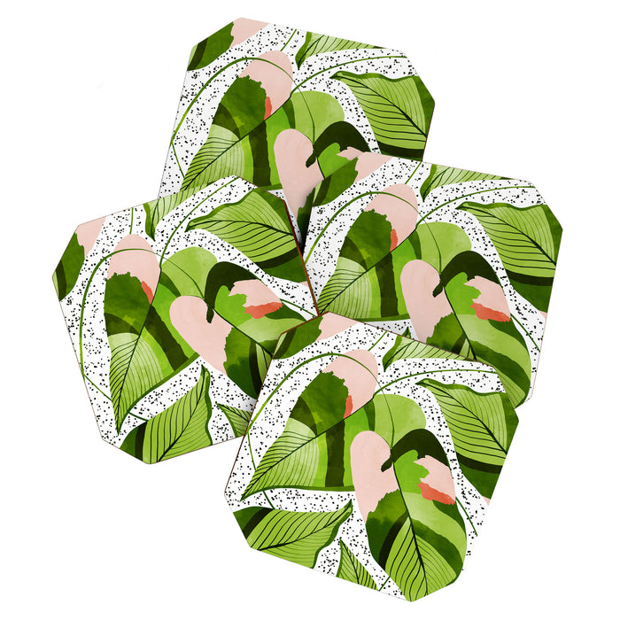 Blushing Leaves Watercolor Painting, Colorful Botanical Illustration, Tropical Modern Bohemian Coaster Gallery Image 1