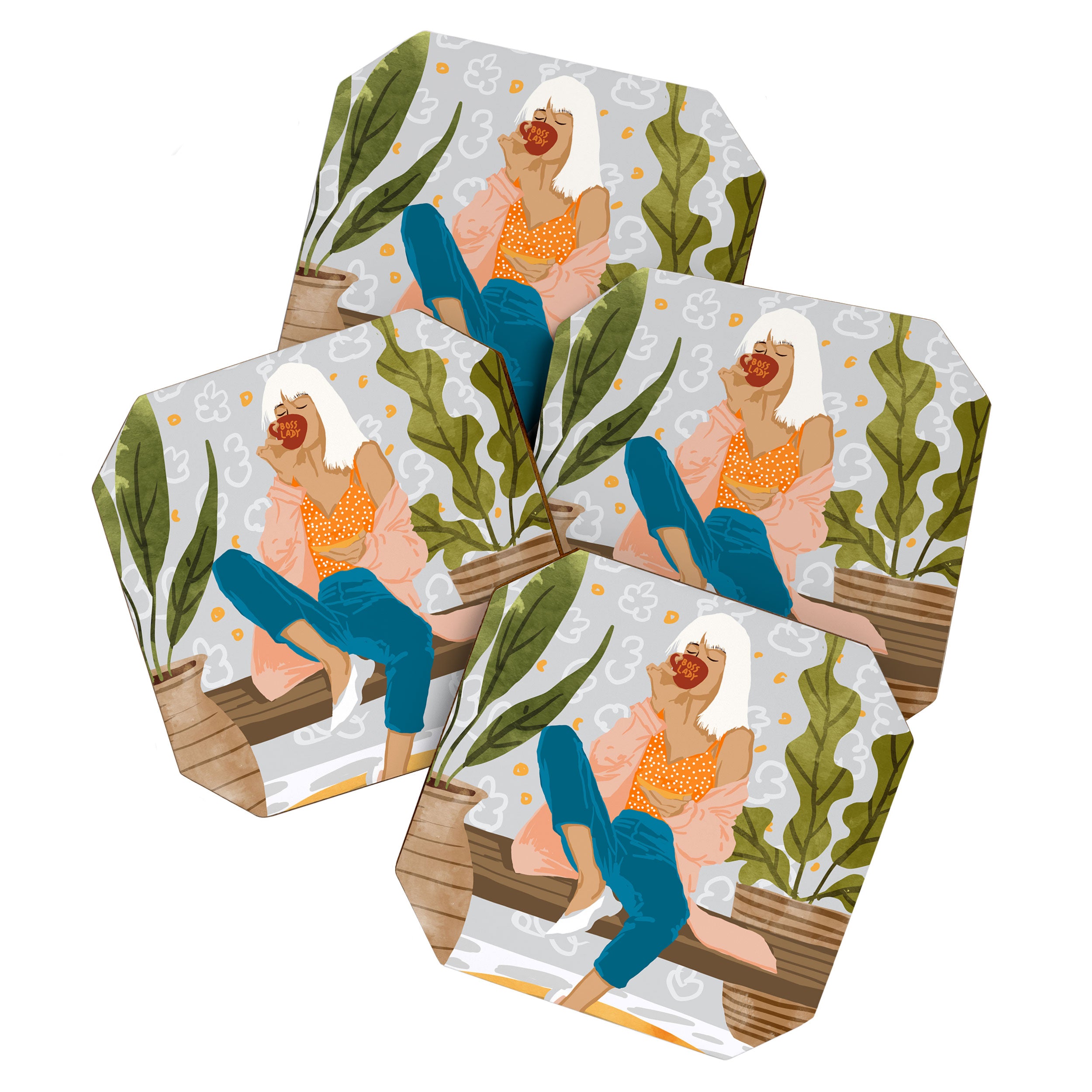 Boss Lady Illustration, Empower Woman Female Feminism, Plant Lady Tea Coffee Painting Coaster Gallery Image 1