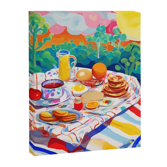 Breakfast Picnic, Food Travel Colorful Tea Party, Toast Pancakes Jam Eggs, Sunny Side Up Bohemian Painting Canvas Print Gallery Image 1