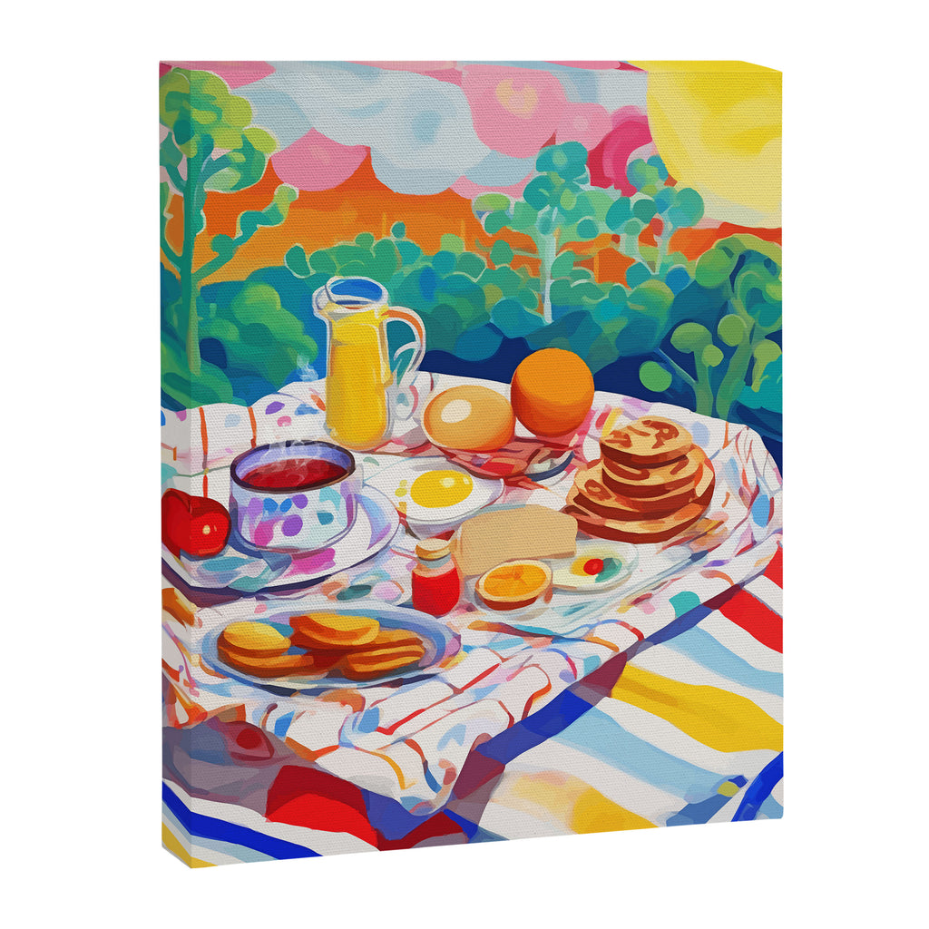 Breakfast Picnic, Food Travel Colorful Tea Party, Toast Pancakes Jam Eggs, Sunny Side Up Bohemian Painting Canvas Print Gallery Image 6