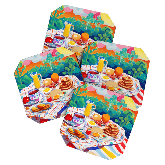 Breakfast Picnic, Food Travel Colorful Tea Party, Toast Pancakes Jam Eggs, Sunny Side Up Bohemian Painting Coaster Gallery Image 1