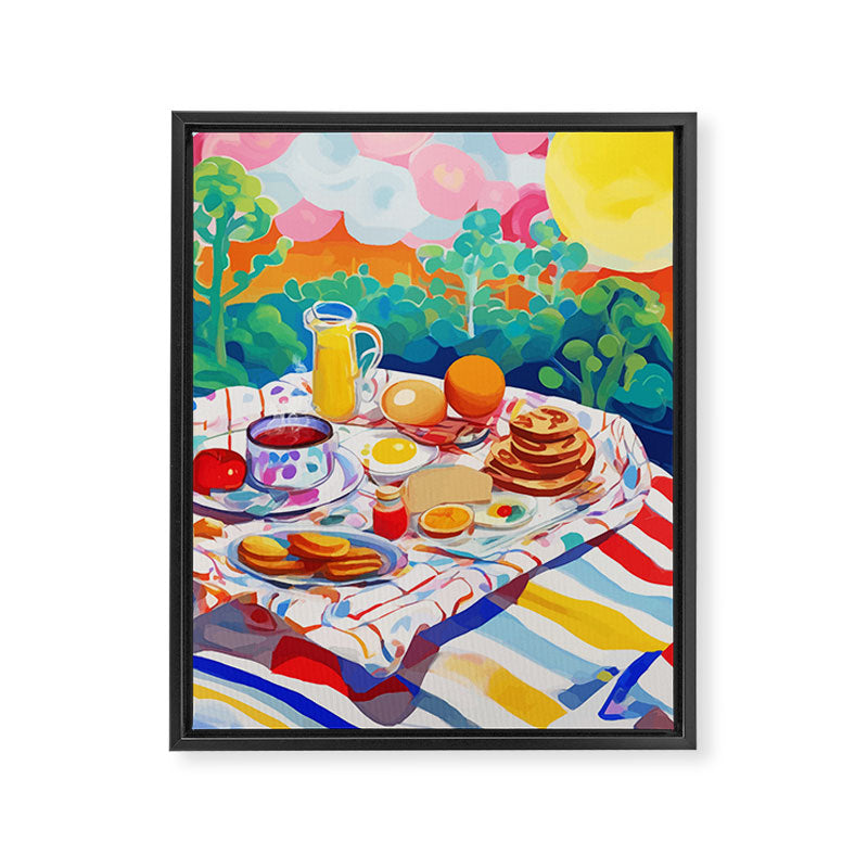 Breakfast Picnic, Food Travel Colorful Tea Party, Toast Pancakes Jam Eggs, Sunny Side Up Bohemian Painting Framed Canvas Print Gallery Image 6