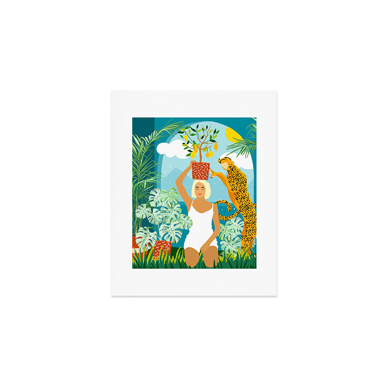 Bring The Jungle Home Illustration, Tropical Cheetah Wild Cat & Woman Painting Art Print Gallery Image 1