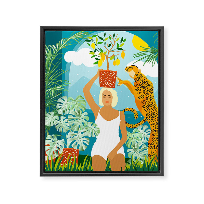 Bring The Jungle Home Illustration, Tropical Cheetah Wild Cat & Woman Painting Framed Canvas Print Gallery Image 6