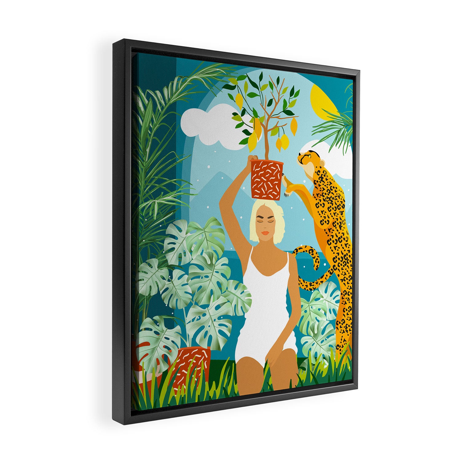 Bring The Jungle Home Illustration, Tropical Cheetah Wild Cat & Woman Painting Framed Canvas Print Gallery Image 2