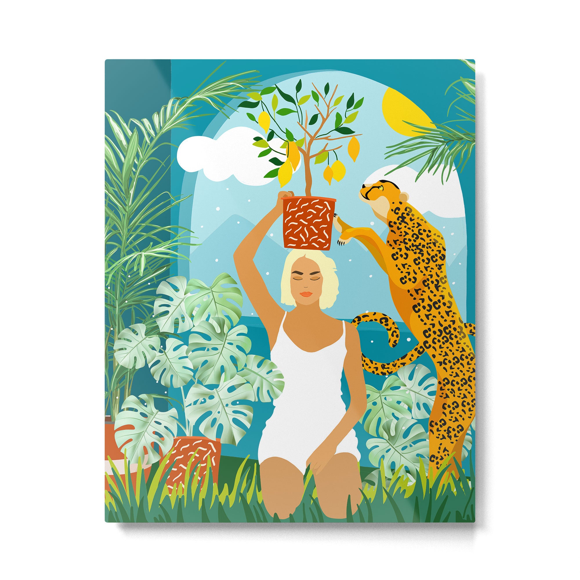 Bring The Jungle Home Illustration, Tropical Cheetah Wild Cat & Woman Painting Metal Print Gallery Image 4