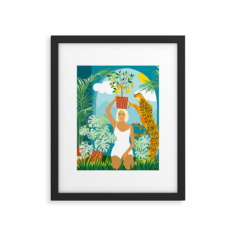 Bring The Jungle Home Illustration, Tropical Cheetah Wild Cat & Woman Painting Framed Art Print Gallery Image 5