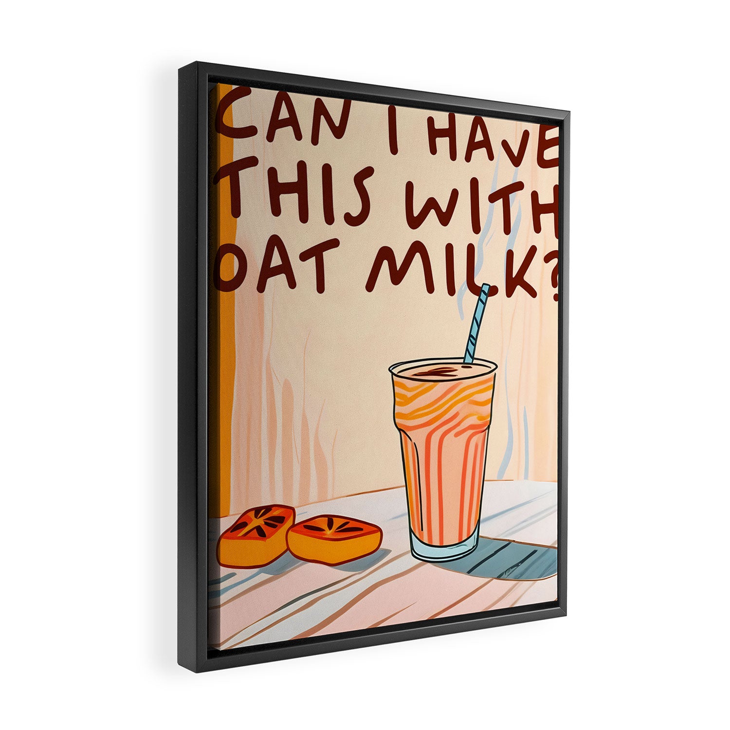Can I Have this With Oat Milk? | Coffee Typography Lactose No Dairy Funny Quote, Eclectic Contemporary Boho Lettering Words Vegan Phrase Framed Canvas Print Gallery Image 2