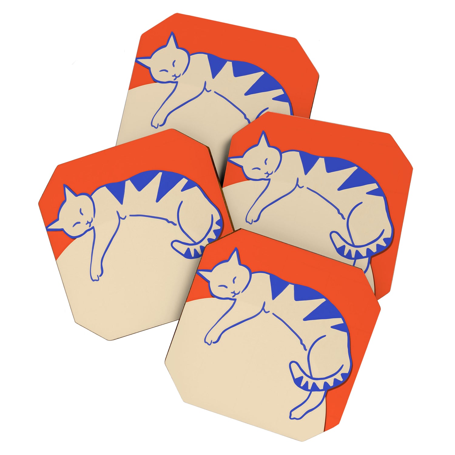Catalyst, Cat Pets Save The World, Animals Globe Bohemian Eclectic, Cats Sleeping Bold Maximalism, Basic Line Art Drawing Red Illustration Coaster Gallery Image 1