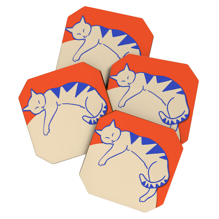 Catalyst, Cat Pets Save The World, Animals Globe Bohemian Eclectic, Cats Sleeping Bold Maximalism, Basic Line Art Drawing Red Illustration Coaster Gallery Image 1