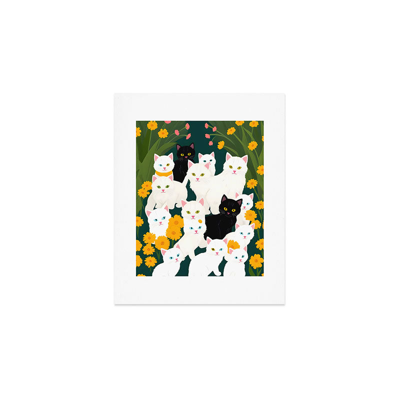 Cats Meetup, Pet Animals Cute Kittens Fall Garden, Halloween Illustration Autumn Quirky Whimsical Painting, Bohemian  Art Print Gallery Image 1