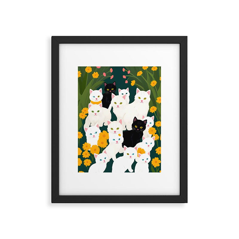 Cats Meetup, Pet Animals Cute Kittens Fall Garden, Halloween Illustration Autumn Quirky Whimsical Painting, Bohemian  Framed Art Print Gallery Image 5