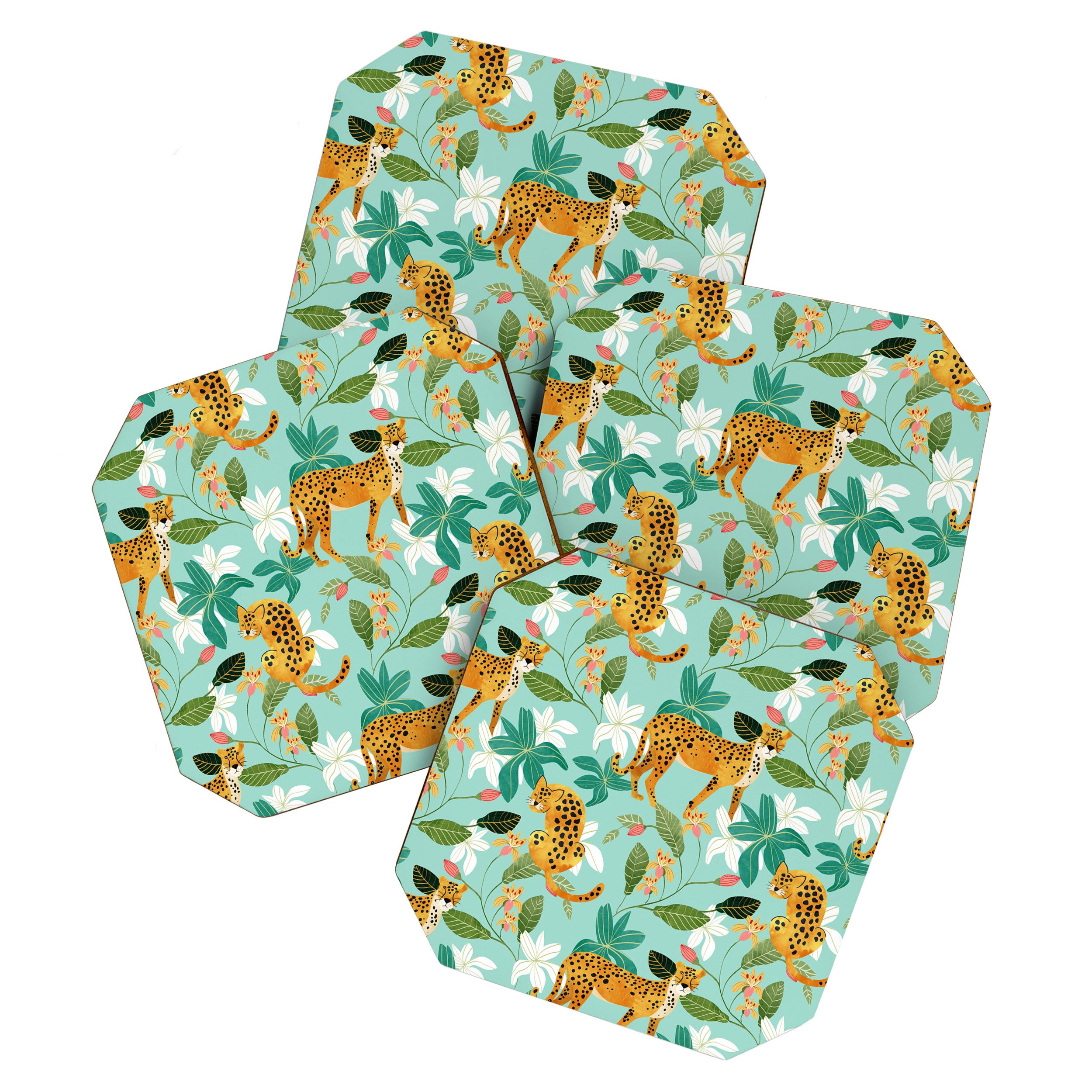Cheetah Jungle, Wildlife Nature Wild Cats Tigers Leopard Botanical Animals Mint Quirky Illustration Coaster Gallery Image 1