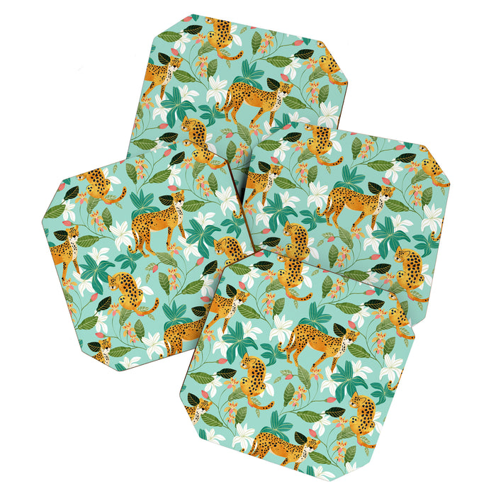 Cheetah Jungle, Wildlife Nature Wild Cats Tigers Leopard Botanical Animals Mint Quirky Illustration Coaster Gallery Image 1