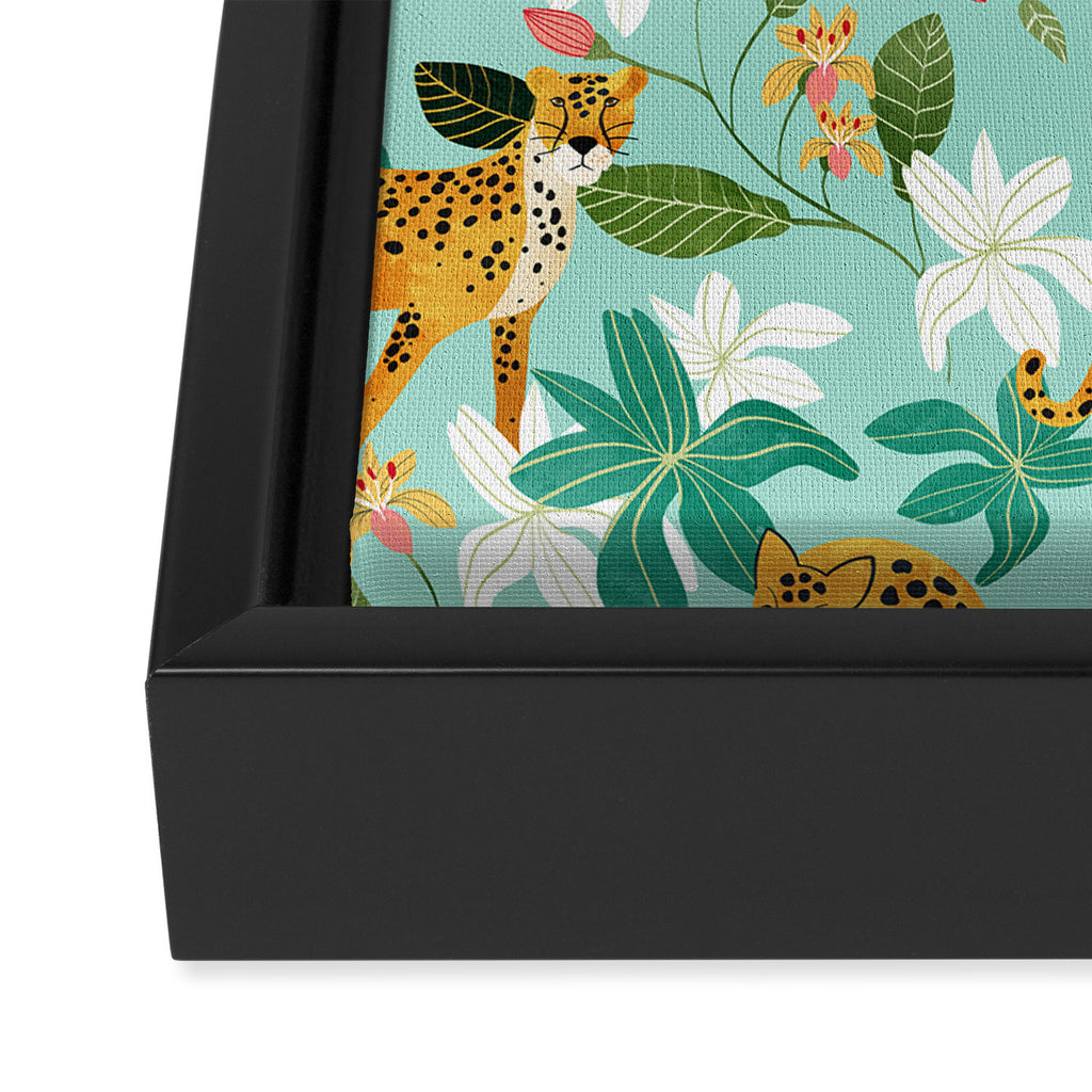 Cheetah Jungle, Wildlife Nature Wild Cats Tigers Leopard Botanical Animals Mint Quirky Illustration Framed Canvas Print Gallery Image 3
