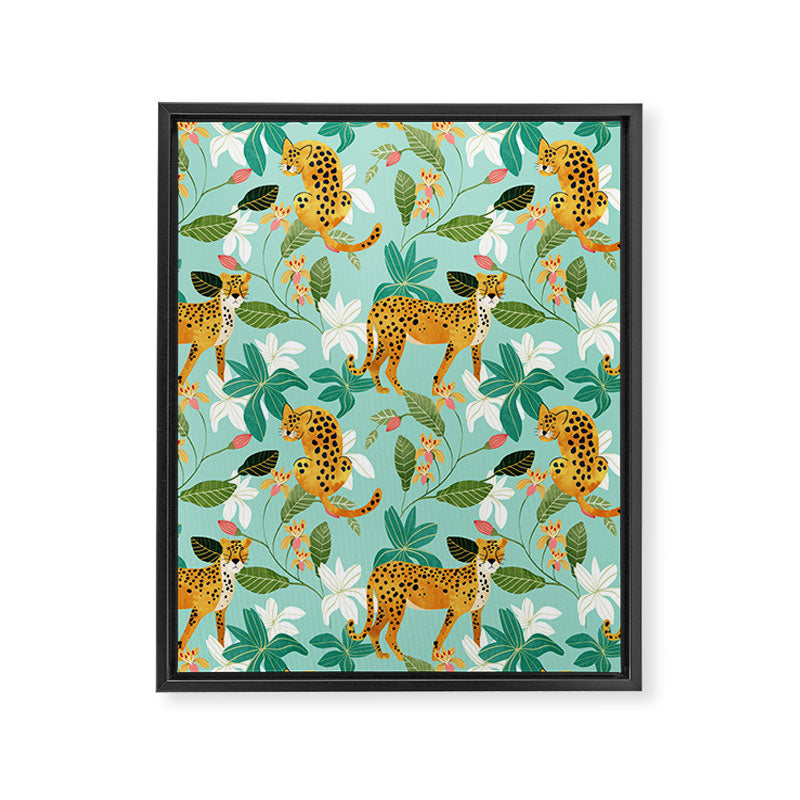 Cheetah Jungle, Wildlife Nature Wild Cats Tigers Leopard Botanical Animals Mint Quirky Illustration Framed Canvas Print Gallery Image 8