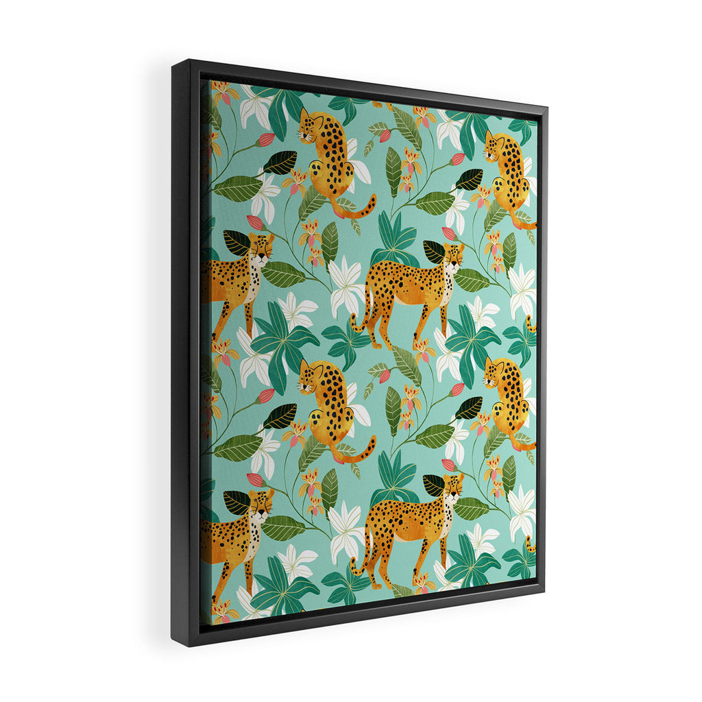 Cheetah Jungle, Wildlife Nature Wild Cats Tigers Leopard Botanical Animals Mint Quirky Illustration Framed Canvas Print Gallery Image 2
