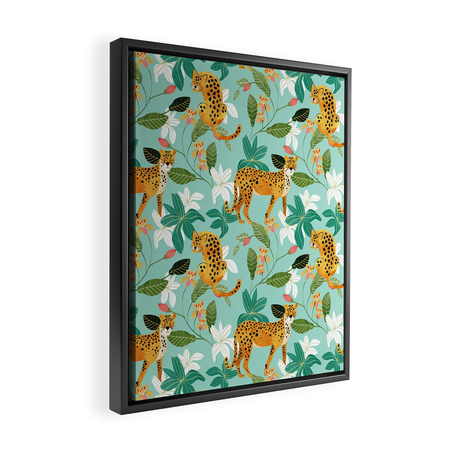 Cheetah Jungle, Wildlife Nature Wild Cats Tigers Leopard Botanical Animals Mint Quirky Illustration Framed Canvas Print Gallery Image 2