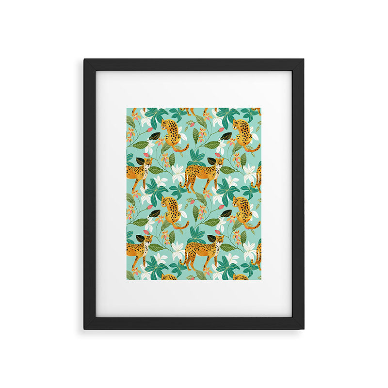 Cheetah Jungle, Wildlife Nature Wild Cats Tigers Leopard Botanical Animals Mint Quirky Illustration Framed Art Print Gallery Image 6