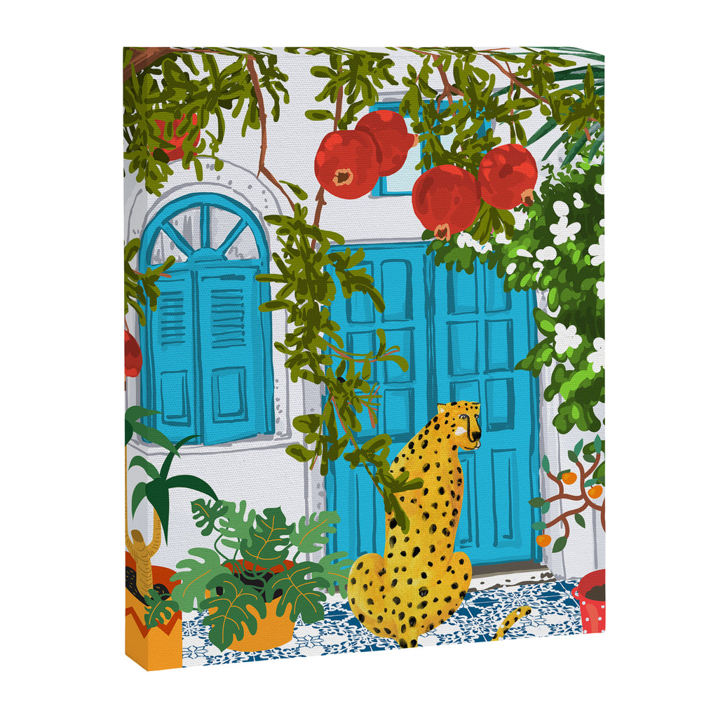 Cheetah Villa Architecture, Tropical Greece Jungle Animals, Botanical White Building & Boho Leopard Canvas Print Gallery Image 6