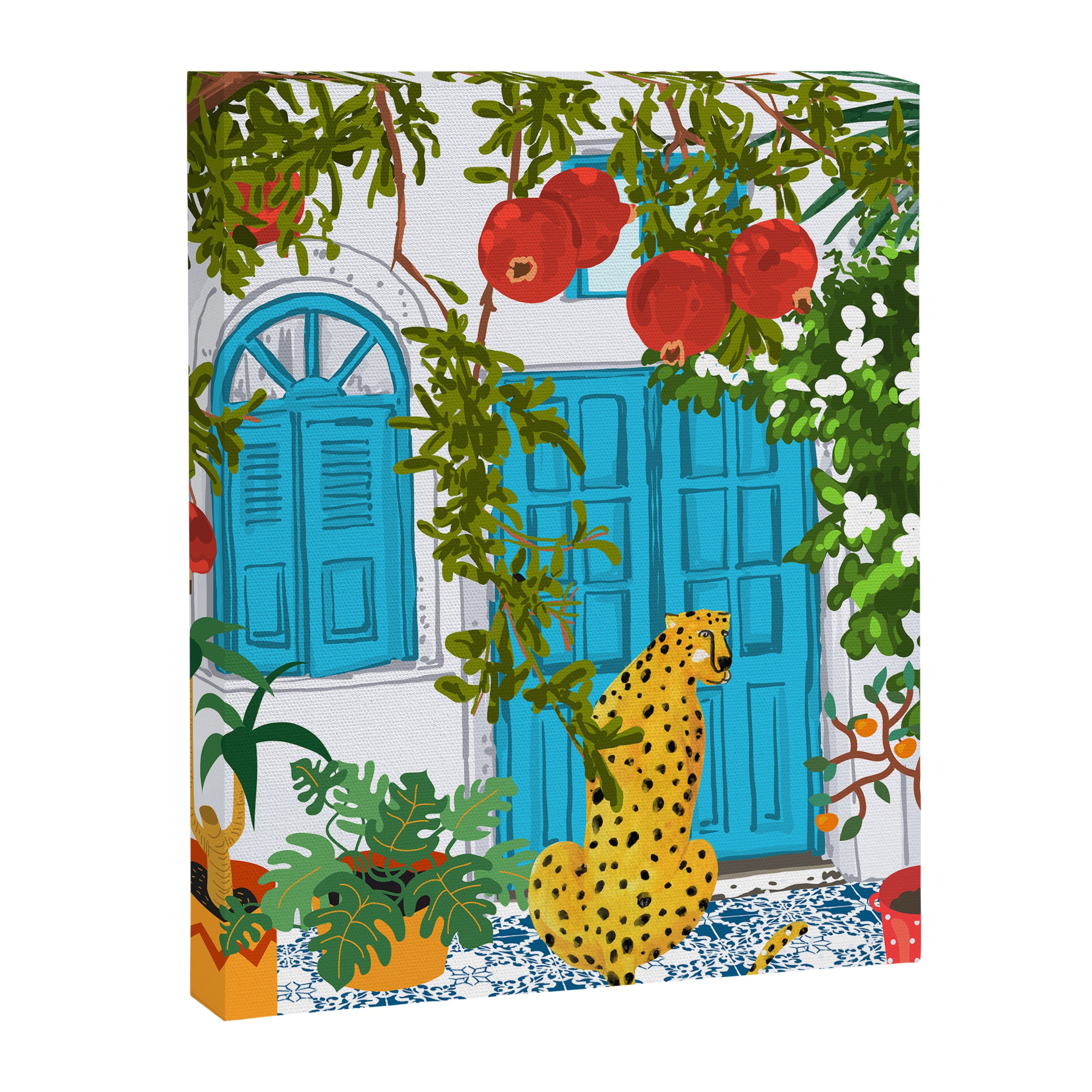 Cheetah Villa Architecture, Tropical Greece Jungle Animals, Botanical White Building & Boho Leopard Canvas Print Gallery Image 6