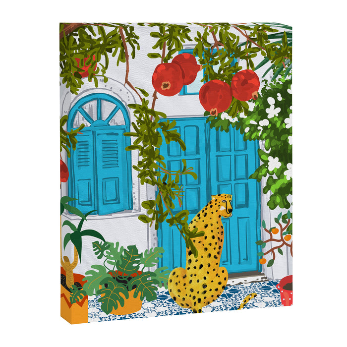 Cheetah Villa Architecture, Tropical Greece Jungle Animals, Botanical White Building & Boho Leopard Canvas Print Gallery Image 1