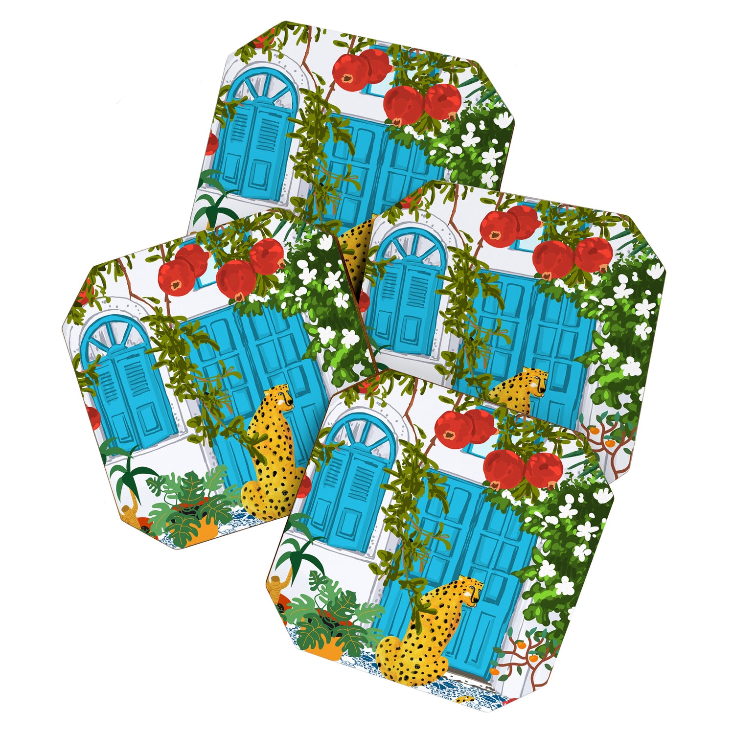 Cheetah Villa Architecture, Tropical Greece Jungle Animals, Botanical White Building & Boho Leopard Coaster Gallery Image 1
