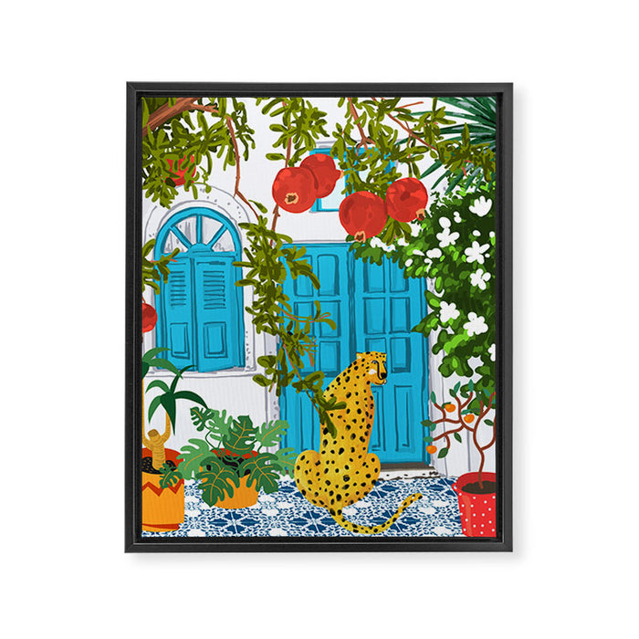 Cheetah Villa Architecture, Tropical Greece Jungle Animals, Botanical White Building & Boho Leopard Framed Canvas Print Gallery Image 1