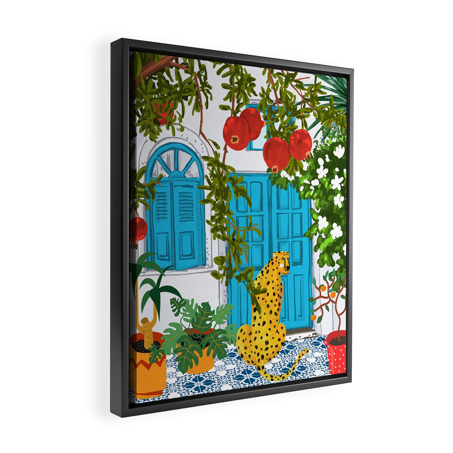 Cheetah Villa Architecture, Tropical Greece Jungle Animals, Botanical White Building & Boho Leopard Framed Canvas Print Gallery Image 2