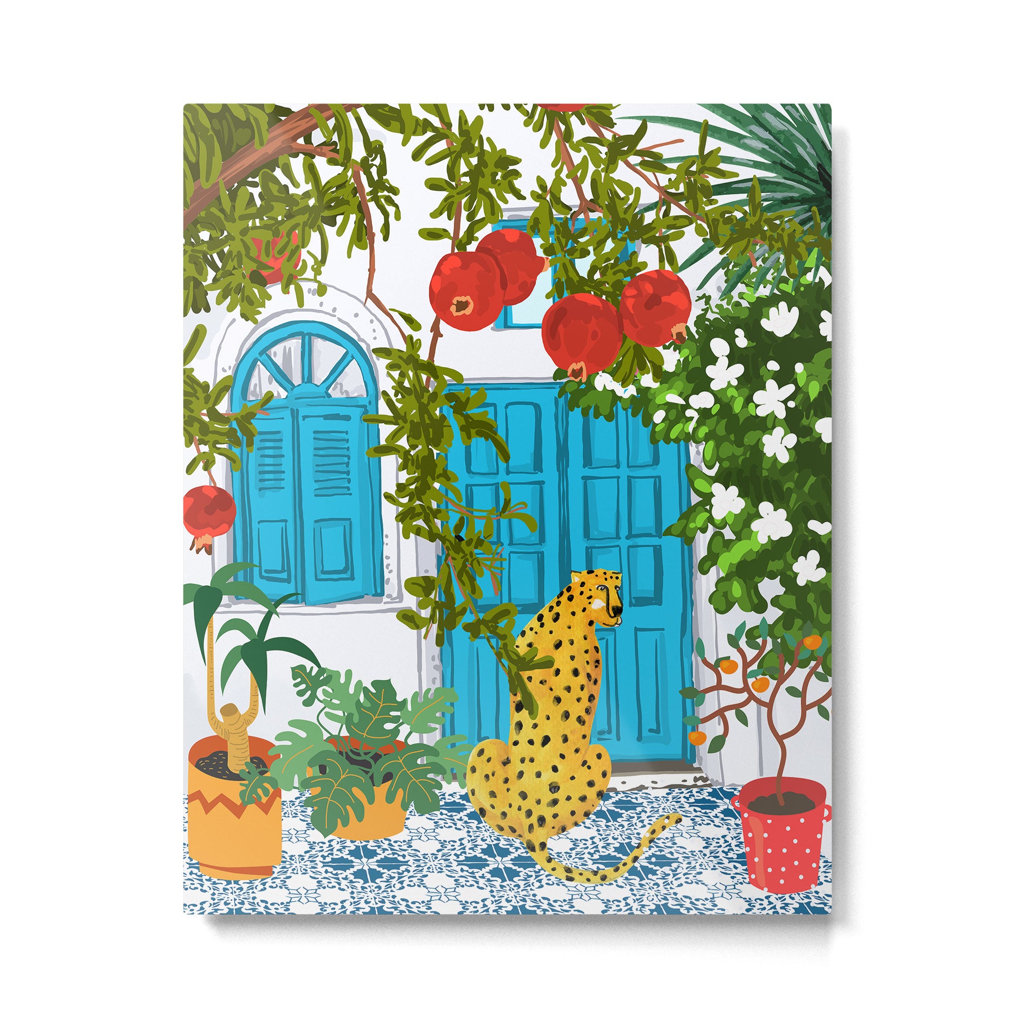 Cheetah Villa Architecture, Tropical Greece Jungle Animals, Botanical White Building & Boho Leopard Metal Print Gallery Image 4