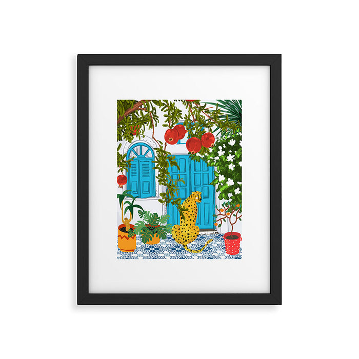 Cheetah Villa Architecture, Tropical Greece Jungle Animals, Botanical White Building & Boho Leopard Framed Art Print Gallery Image 1