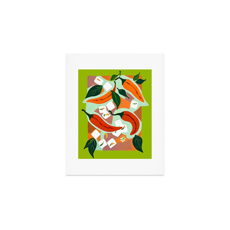 Chilies & Ice Cubes, Plants Botanical Contrast Veggies, Kitchen Cook Food, Spicy Recipe Eclectic Bohemian Painting Art Print Gallery Image 1