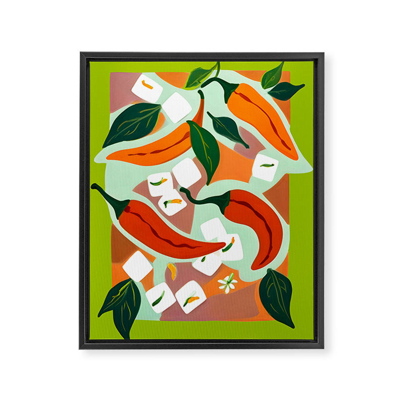 Chilies & Ice Cubes, Plants Botanical Contrast Veggies, Kitchen Cook Food, Spicy Recipe Eclectic Bohemian Painting Framed Canvas Print Gallery Image 6