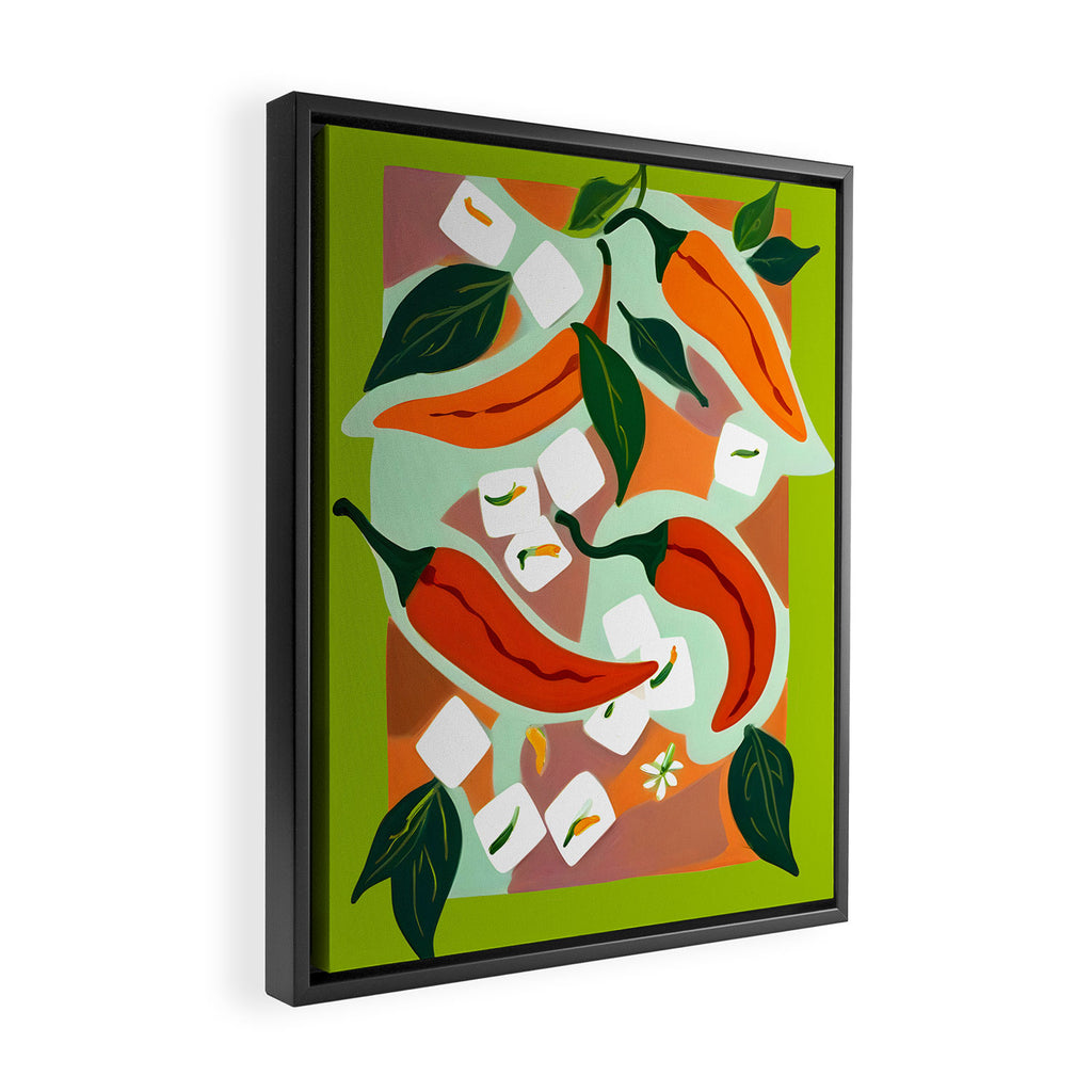 Chilies & Ice Cubes, Plants Botanical Contrast Veggies, Kitchen Cook Food, Spicy Recipe Eclectic Bohemian Painting Framed Canvas Print Gallery Image 2