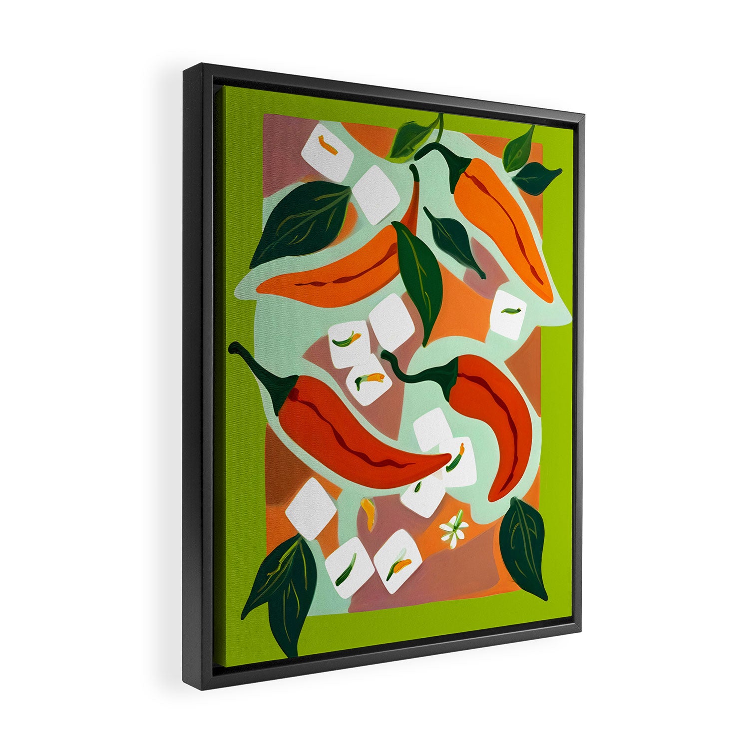 Chilies & Ice Cubes, Plants Botanical Contrast Veggies, Kitchen Cook Food, Spicy Recipe Eclectic Bohemian Painting Framed Canvas Print Gallery Image 2