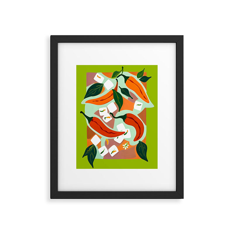 Chilies & Ice Cubes, Plants Botanical Contrast Veggies, Kitchen Cook Food, Spicy Recipe Eclectic Bohemian Painting Framed Art Print Gallery Image 5