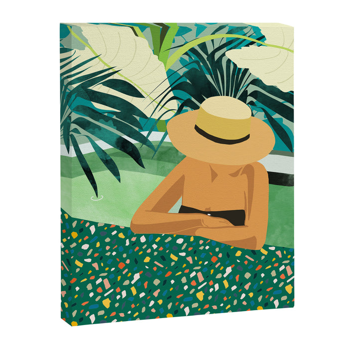 Chill, Modern Bohemian Black Woman Travel Illustration | Terrazzo Tropical Swimming Pool Fashion Canvas Print Gallery Image 1