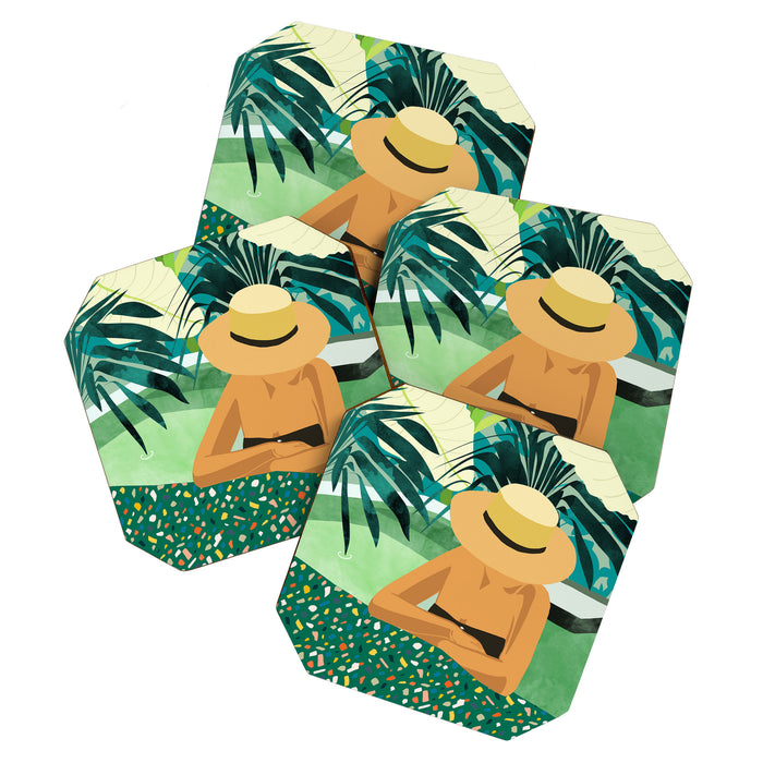 Chill, Modern Bohemian Black Woman Travel Illustration | Terrazzo Tropical Swimming Pool Fashion Coaster Gallery Image 1
