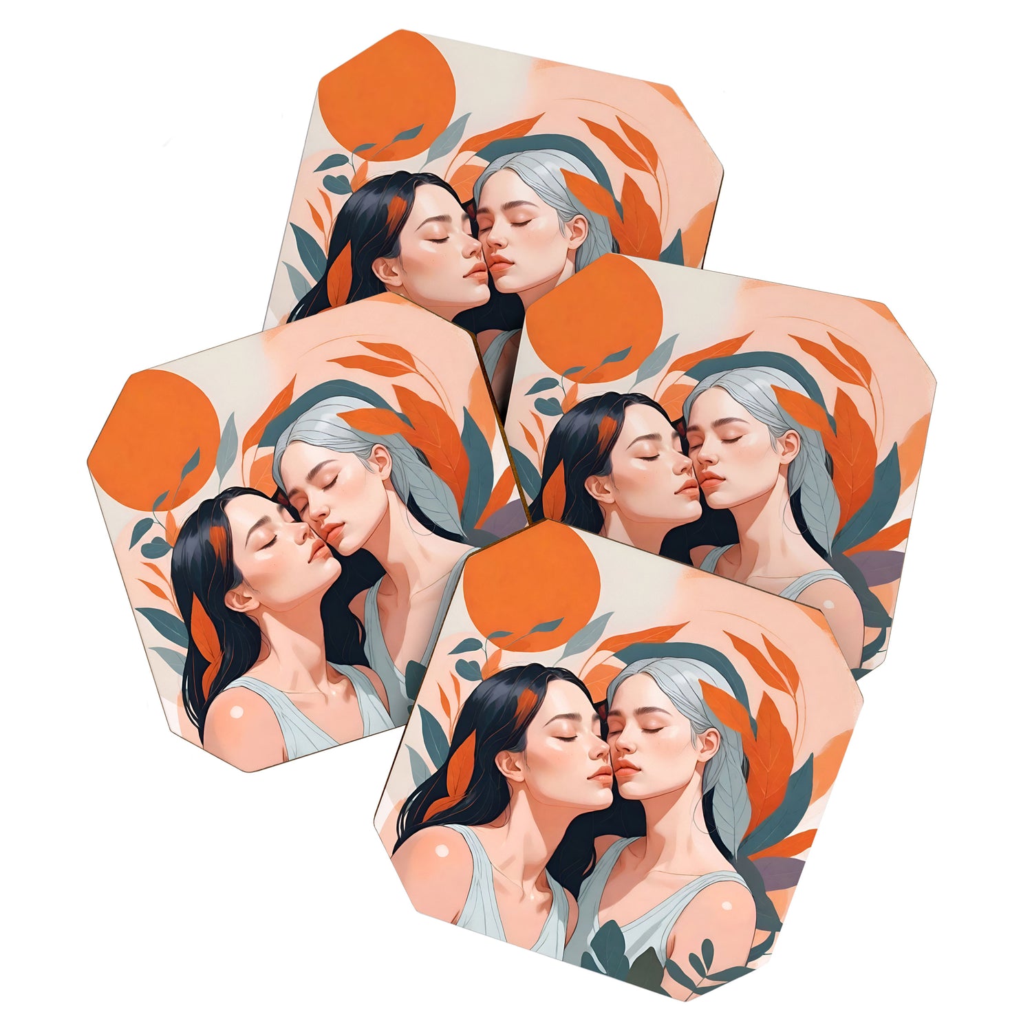 Closeness, Two Women Feminism Painting, Youth Friendship Companion LGBTQ, Lovers Couple Coral Spring Coaster Gallery Image 1