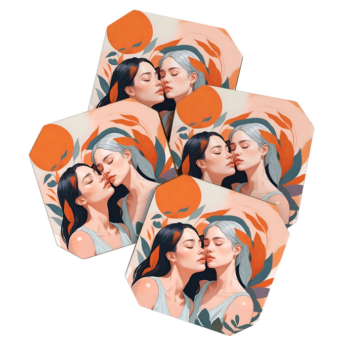 Closeness, Two Women Feminism Painting, Youth Friendship Companion LGBTQ, Lovers Couple Coral Spring Coaster Gallery Image 1