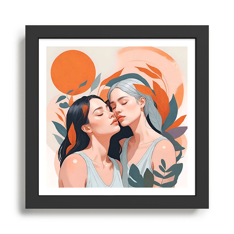 Closeness, Two Women Feminism Painting, Youth Friendship Companion LGBTQ, Lovers Couple Coral Spring Framed Art Print Gallery Image 1