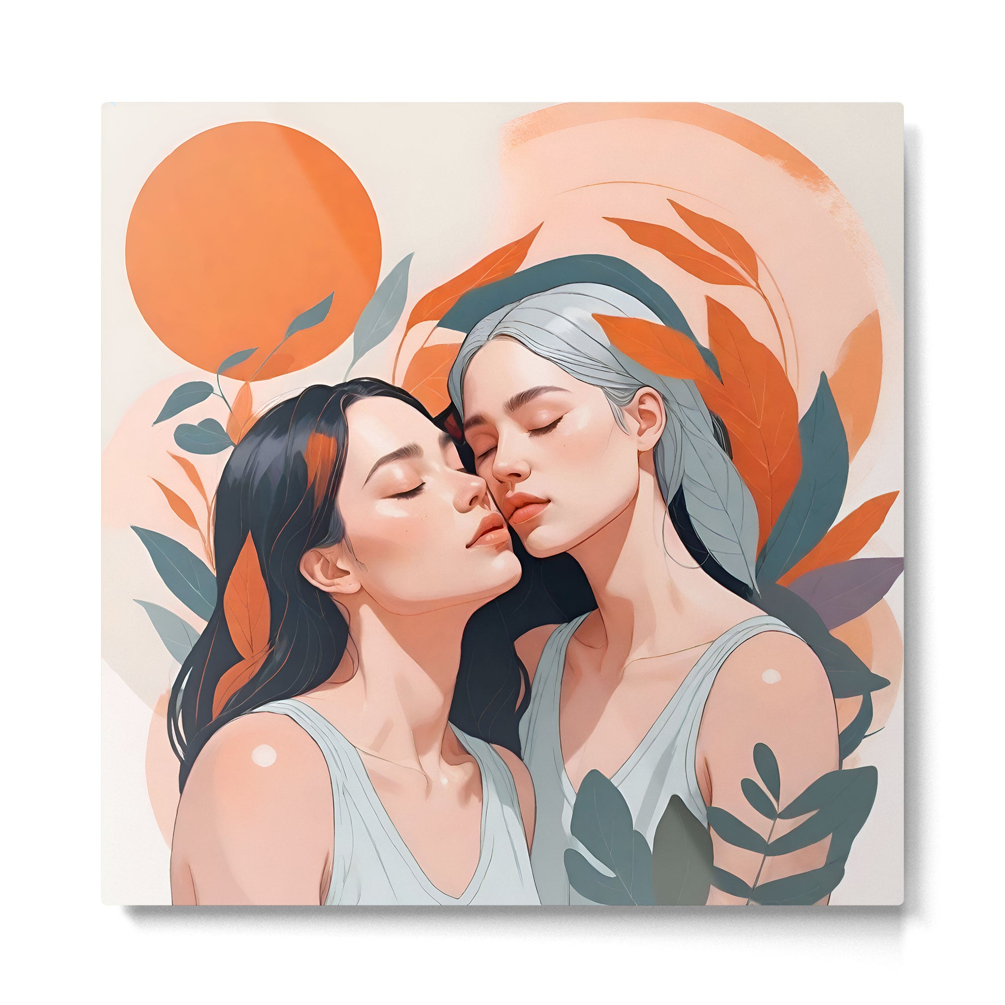 Closeness, Two Women Feminism Painting, Youth Friendship Companion LGBTQ, Lovers Couple Coral Spring Metal Print Gallery Image 2