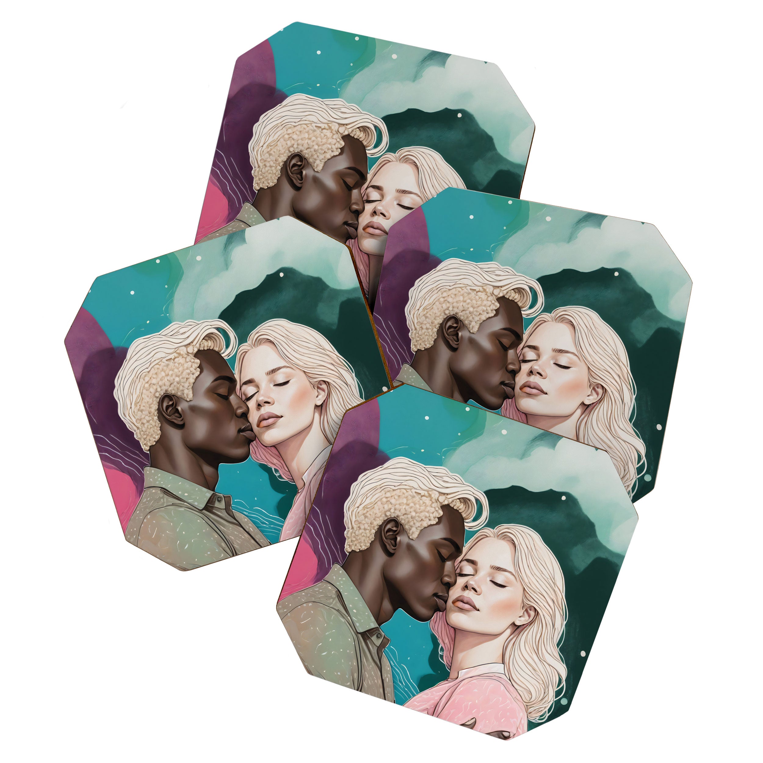Cosmic Romance, Love Passion Race Diversity, Anti-racism Equality Mindset Society, Community Marriage Couple Interracial Painting Coaster Gallery Image 1