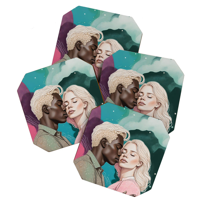 Cosmic Romance, Love Passion Race Diversity, Anti-racism Equality Mindset Society, Community Marriage Couple Interracial Painting Coaster Gallery Image 1