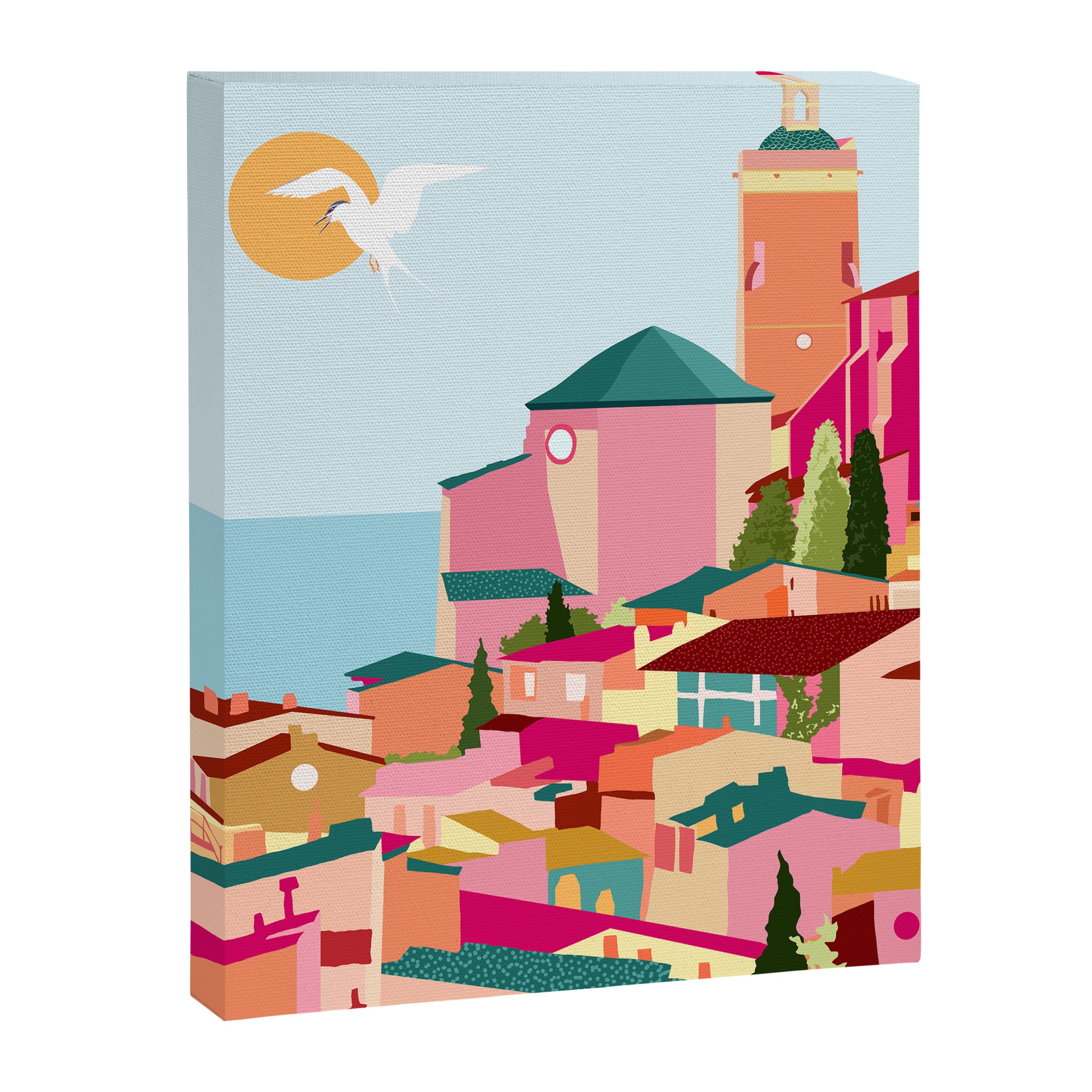 Crimson Rouge, Colorful Architecture Buildings, Greece Cityscape Skyline, Seagull Travel Summer Eclectic Bohemian Pop of Color Positivity Canvas Print Gallery Image 6