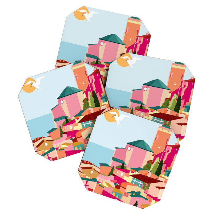 Crimson Rouge, Colorful Architecture Buildings, Greece Cityscape Skyline, Seagull Travel Summer Eclectic Bohemian Pop of Color Positivity Coaster Gallery Image 1
