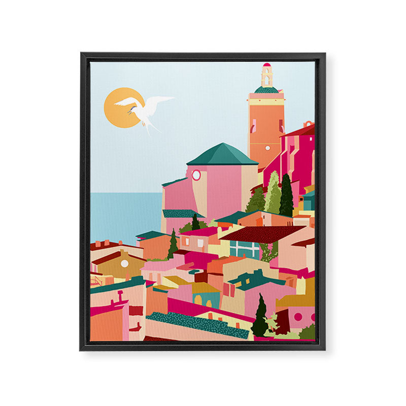 Crimson Rouge, Colorful Architecture Buildings, Greece Cityscape Skyline, Seagull Travel Summer Eclectic Bohemian Pop of Color Positivity Framed Canvas Print Gallery Image 6