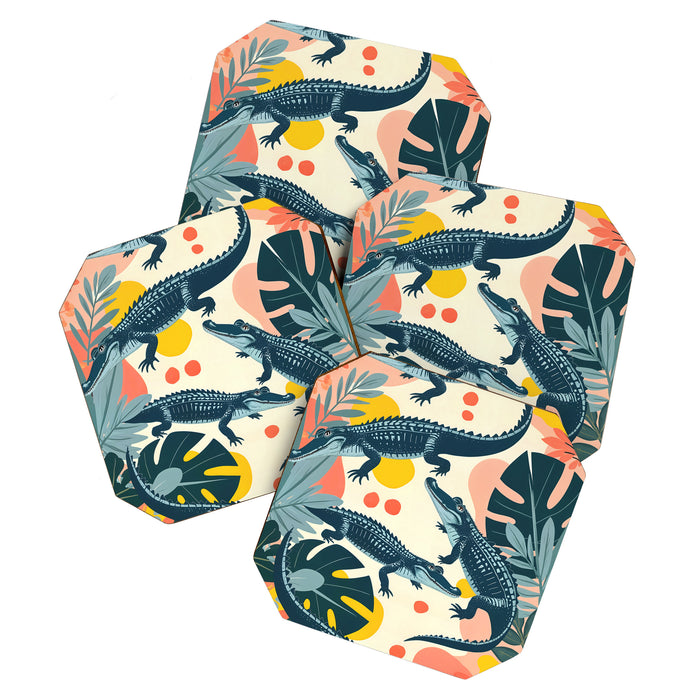 Crocs_Crocodiles Wildlife Animals_Whimsical Quirky Illustration_Bohemian Tropical Pastel Painting Coaster Gallery Image 1