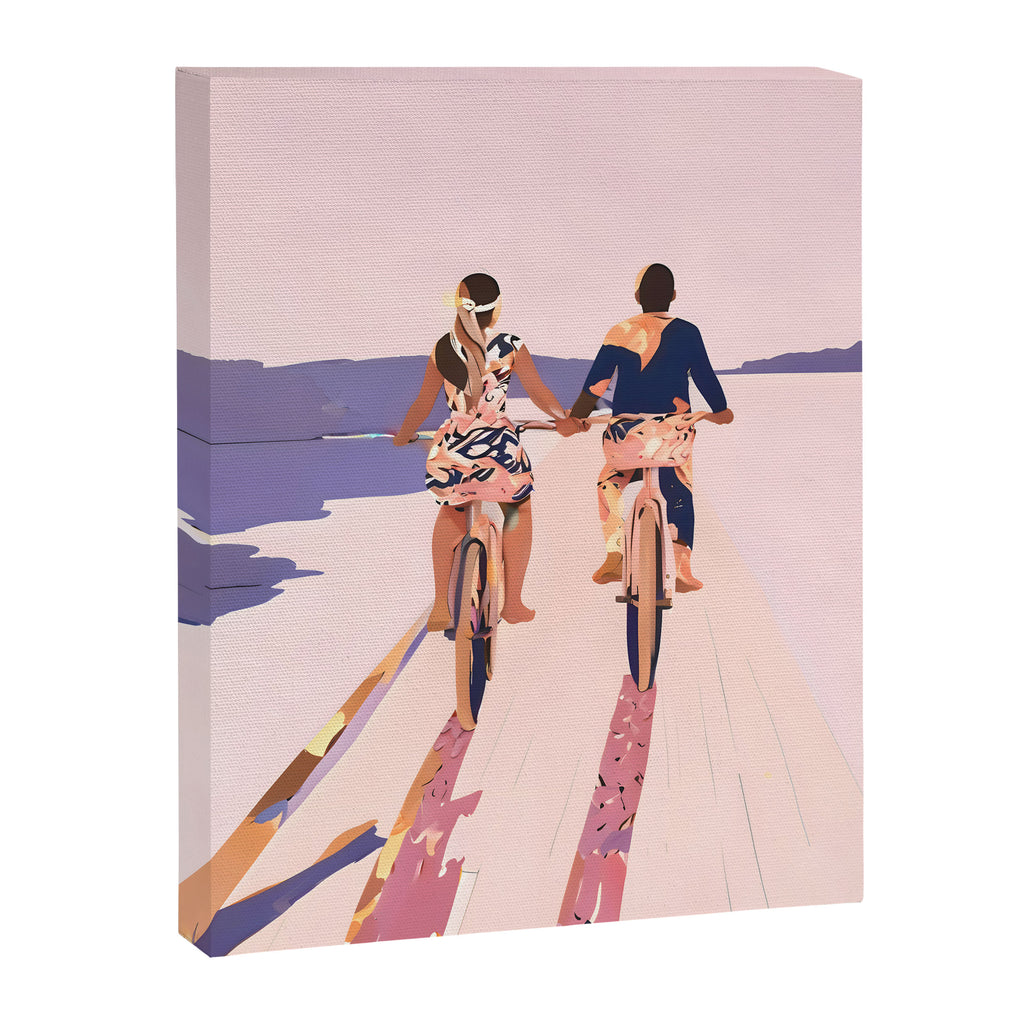 Cycling Joy Series 01: Into The Lilac Sunset, Couple Love Companion Friends, Eclectic Pastel Landscape Romantic, Scenic Outdoors Evening Painting Canvas Print Gallery Image 6