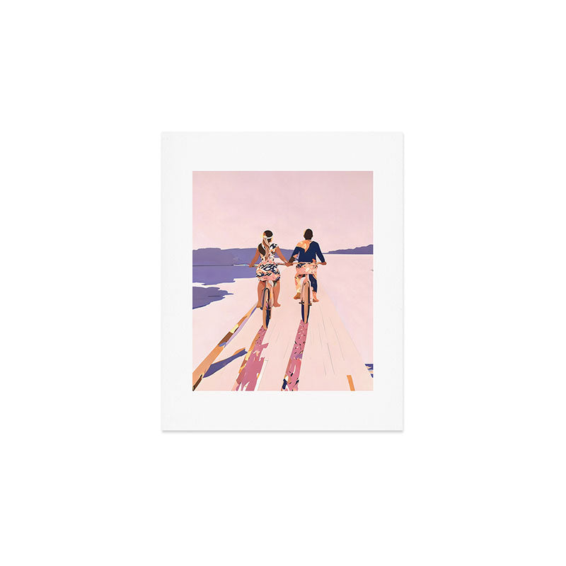 Cycling Joy Series 01: Into The Lilac Sunset, Couple Love Companion Friends, Eclectic Pastel Landscape Romantic, Scenic Outdoors Evening Painting Art Print Gallery Image 1
